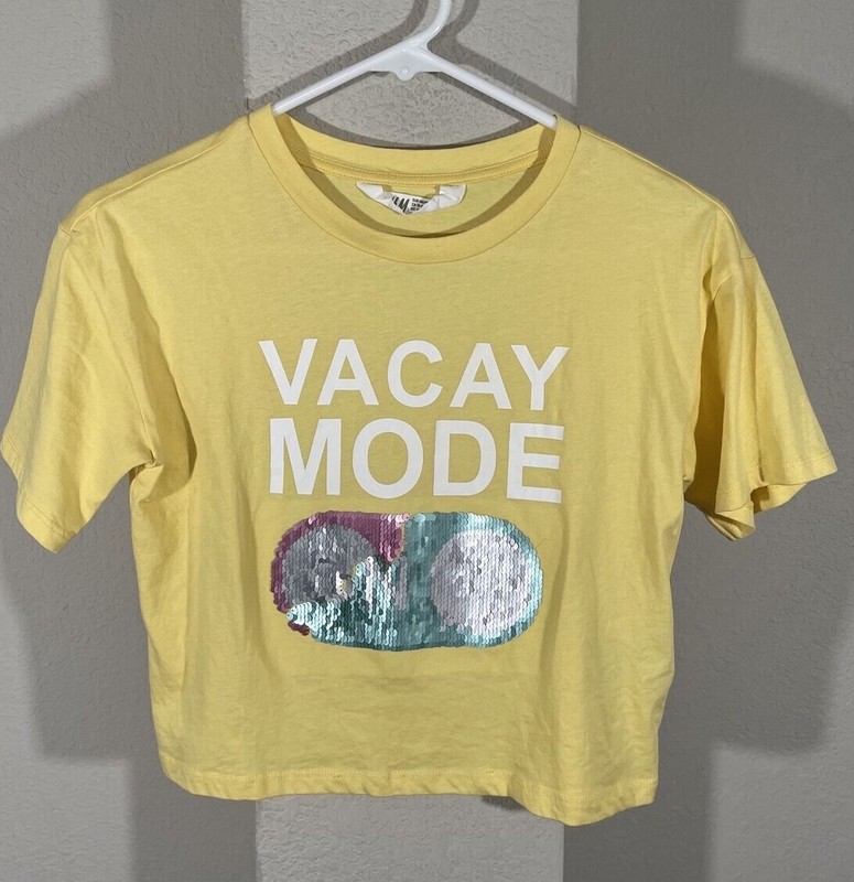 H&M Yellow "VACAY MODE" Sequins T Shirt Top Girl's Size 10-12 yrs