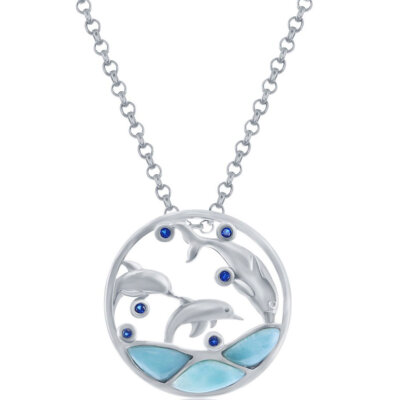 Caribbean Treasures Women's Pendant Silver Larimar and CZ Diving Dolphins K-8894