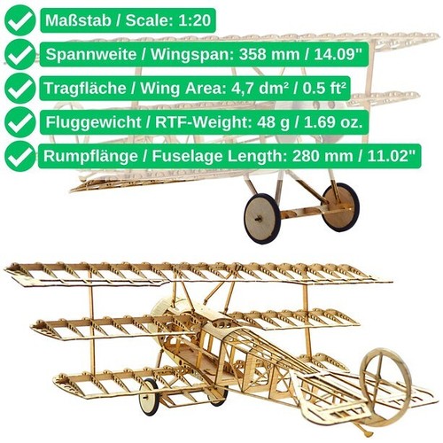 Fokker Dr.1 Slow Flyer Bausatz 358mm Spannweite Balsaholz Modellflugzeug Bausatz Tony Ray - Bild 2 von 8