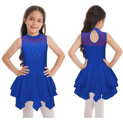Kids Girls Dress Dance Skirts Mesh Leotard Sleeveless Halter Neck Lyrical Shiny