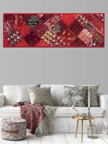 60" RARE ETHNIC ART DÉCOR SARI WALL HANGING TAPESTRY TABLE LINEN RUNNER THROW - Picture 8 of 11