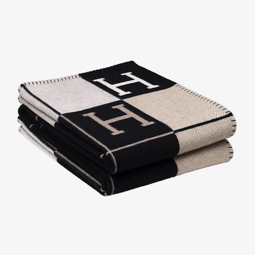 Manta Hermes Lana Cachemira Avalon Nueva | Écru/Gris Foncé (Negro/Blanco) Foto 2 de 4