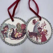 Vtg looking cardboard Christmas ornaments Retro Scenes Double Sided New