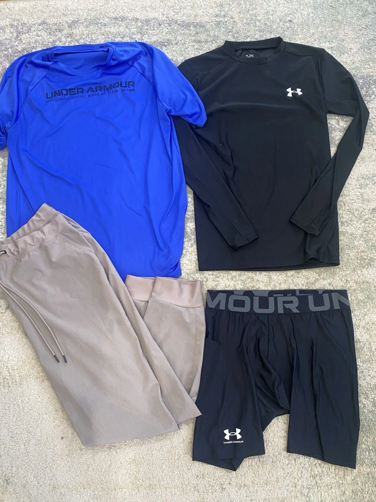 LOT (4) Under Armour Mens Size L Base Layer Shorts Tee Pants Black Blue