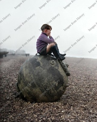 8x10 Print Dangerous Perch 10-Year Old Sitting on a Sea Mine Kent England 1940