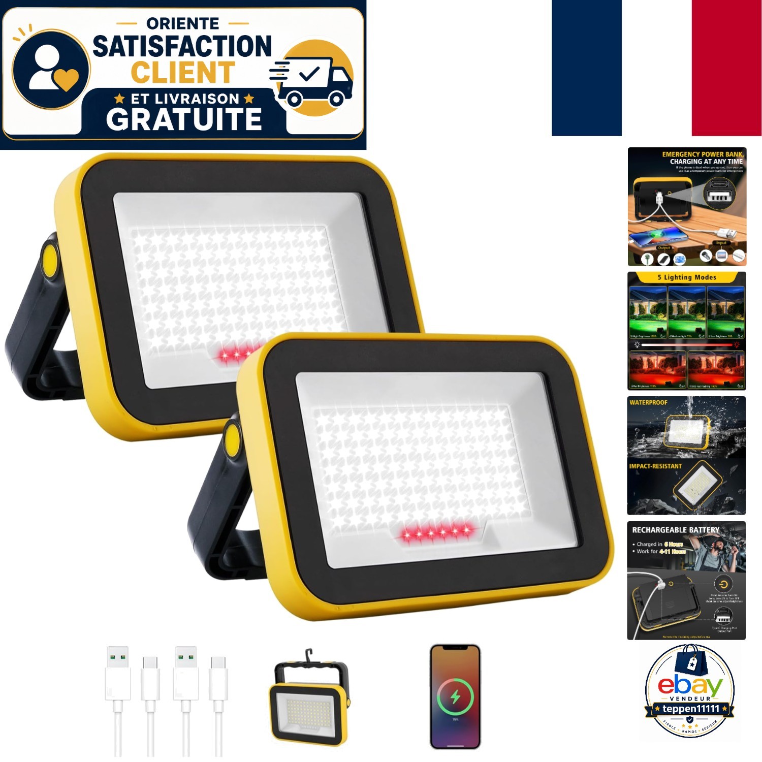 Projecteur LED contre les pannes de courant avec batterie étanche 4000mAh pour garage et cave