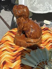 Tall 9 3/4" Rockingham Glazed Yellow Ware Figural Spaniel Dog Stoneware Ohio OH