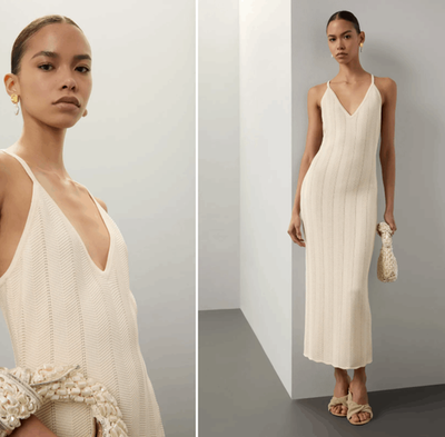 Ronny Kobo Ivory Knit Cross Back Sleeveless Maxi Dress Herringbone Size XS