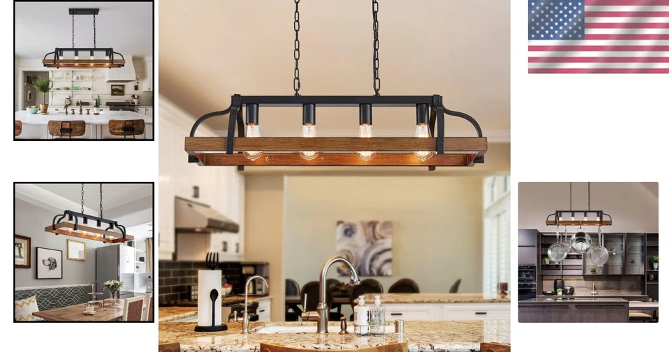 Lámpara de araña lineal de metal con 4 luces e imitación de madera para espacios elegantes Foto 2 de 4