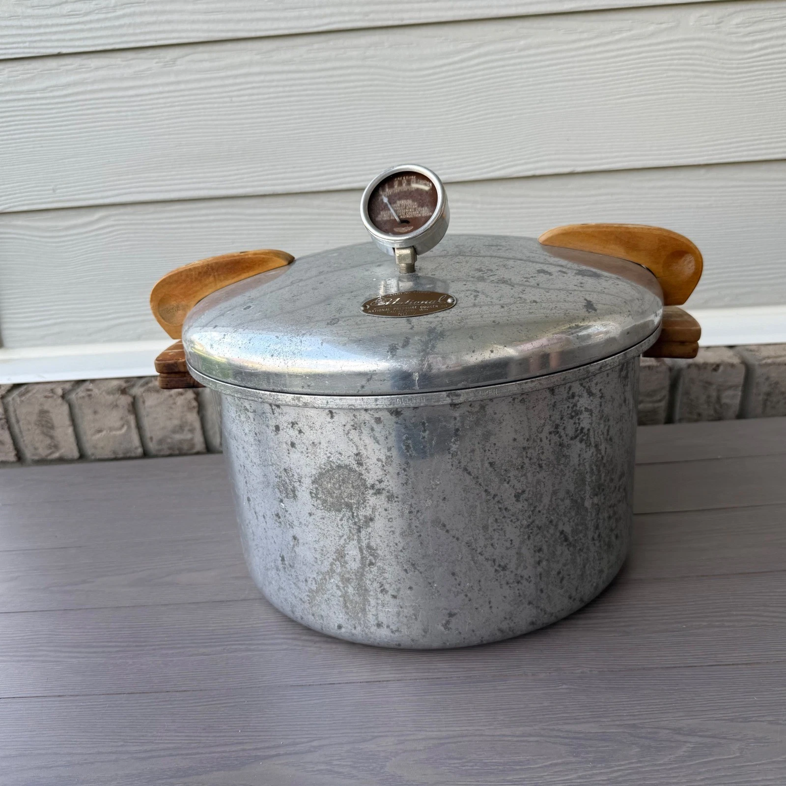 Vintage National Pressure Cooker No 7 Aluminum Canner Pot Wood Handles USA