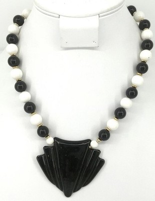 Vintage Resin Art Deco Style Necklace Black White Bead Goldtone Fan Pendant