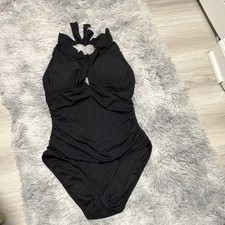 Women's Black Solid Ribbed Halter Tie Accent Padded One-Piece Swimsuit L D
