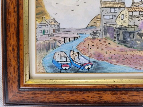 Original Water colour Painting Framed Small Seaside Harbour Boats Houses Rare - Picture 7 of 11