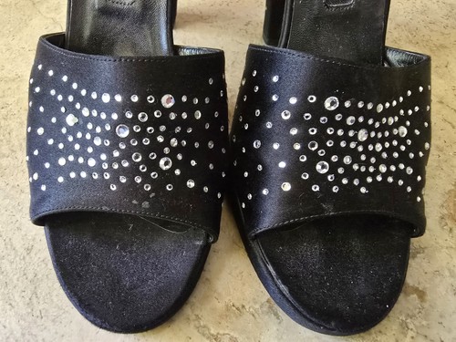 Bruno Magli Vintage 1990s Black Satin Rhinestone Heels Size 38 - Picture 2 of 9