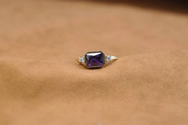 Natürlicher Lila Amethyst Edelstein 14K Massivgold Verlobungsring M039 - Bild 4 von 4