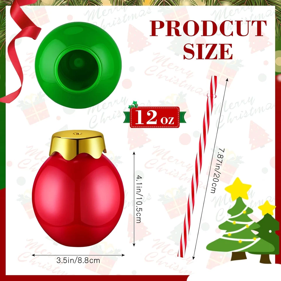 12 Piezas Bolas de Plástico de Navidad Tazas con Tapas y Pajitas Forma de Bola Roja y Verde Foto 4 de 4