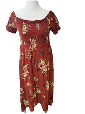 NEVENA RAE RED FLORAL OFF SHOULDER SMOCK TOP MIDI HANDKERCHEIF SKIRT DRESS SZ XL
