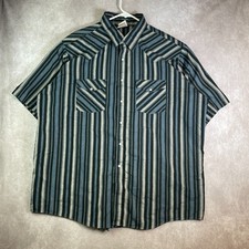 VINTAGE Western Shirt Mens 2XL Blue Striped Pearl Snap Short Sleeve USA Made 90s