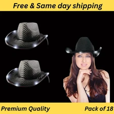 LED Light Up Flashing Sequin Black Cowboy Hat - Pack of 18 Hats By Party Glowz