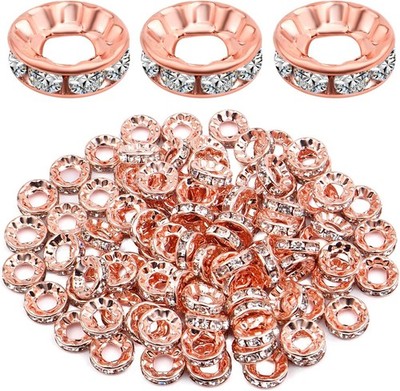 BronaGrand 100pcs 10 mm Rhinestone Rondelle Spacer Beads 10 mm, Rose Golden 