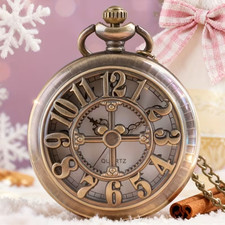 Retro Hollow Vintage Quartz Pocket Watch with Chain Pendent ROMAN NUMERALS
