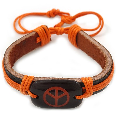 Freundschaftsarmband Unisex dunkelbraun/orange Leder ''Peace'' - verstellbar