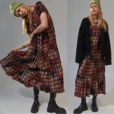 Urban Outfitters Grunge 90s Distressed Plaid Fantine Tiered Midi Dress Medium