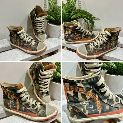 REPLAY Y2K Camp Print Leather & Canvas Embroidered Logo High Top Boots UK 4 37