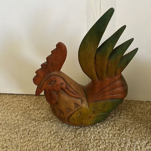 Vintage brown red yellow hand carved wood rooster garden home sculptures decor - Picture 4 of 7