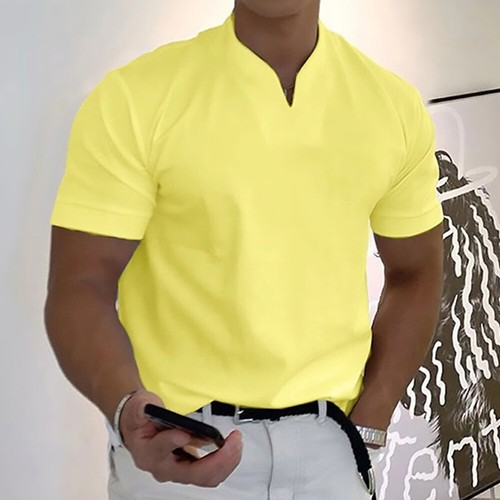 Mens Retro Collarless Grandad Plain Shirts Tops Causal Hippy Cotton Pocket Tee - Picture 8 of 28