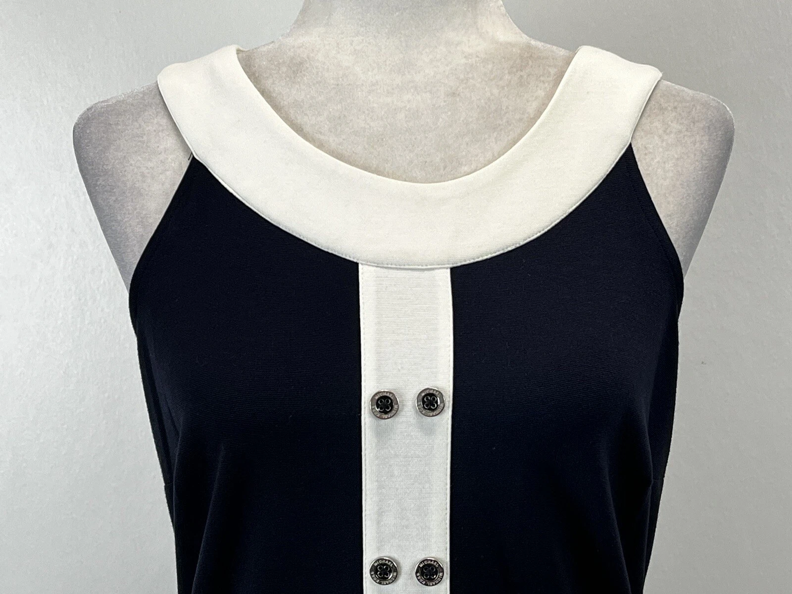 NUOVO! Abito in guaina Michael Kors 6p Petite Navy Finiture Bianco Bottoni Senza Maniche