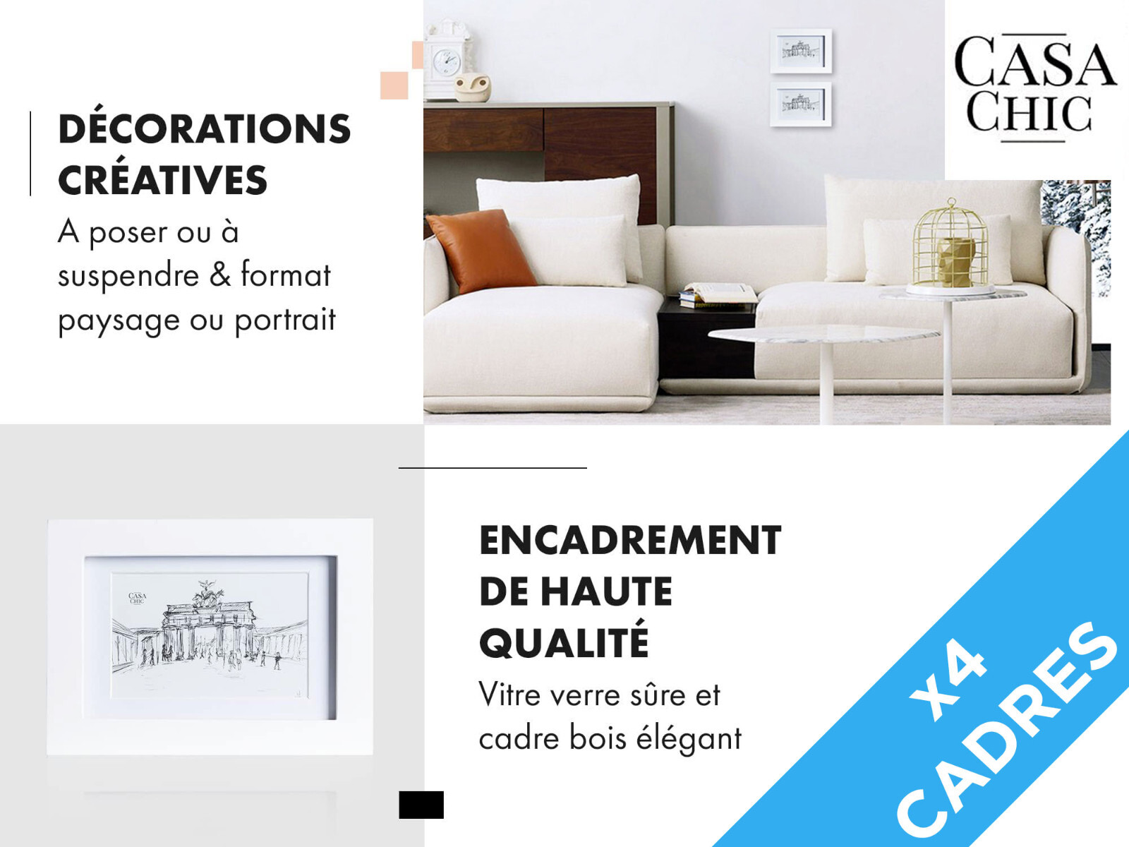 Cadre photo 10x15 cm blanc en bois et verre Casa Chic lot de 4