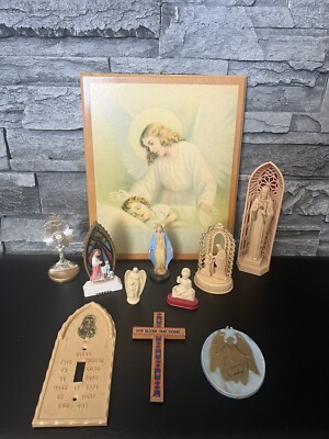VTG LOT CATHOLIC PLASTIC STATUES GUARDIAN ANGEL BABY PICTURE LIGHT SWITCH COVER