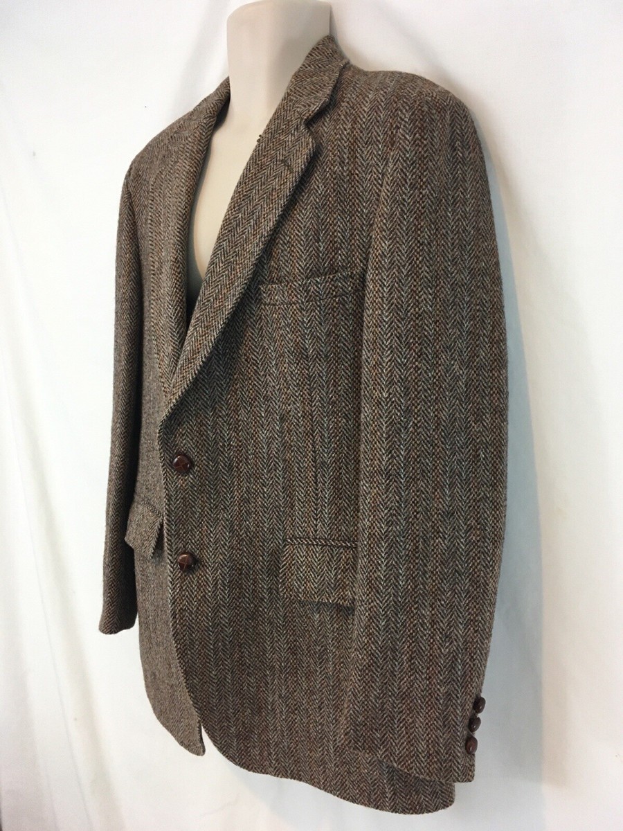Harris Tweed Hand Woven Scotland Mens L Brown Virgin Wool 2 Button 