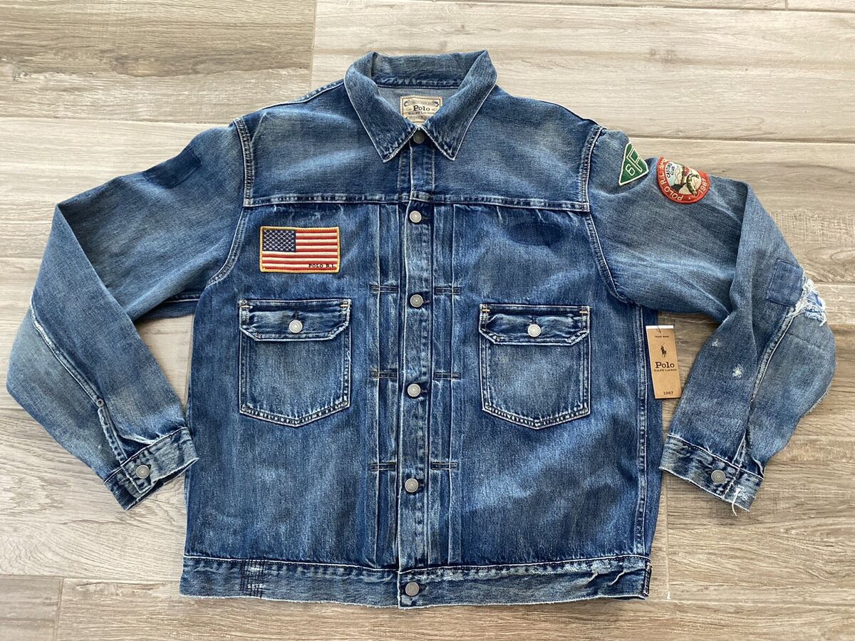 POLO RL RALPH LAUREN SPORTSMAN NY DENIM JEAN JACKET USA FLAG POLO RL RALPH LAUREN SPORTSMAN NY DENIM JEAN JACKET USA FLAG