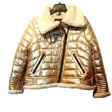 NEW GUESS Women's Faux Fur Trim Puffer Jacket In Champagne Size L