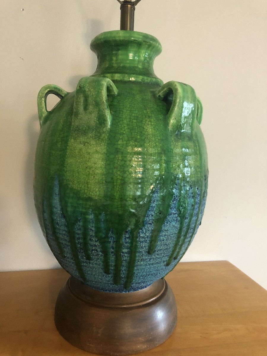 アンティーク ファヴリルガラス Quezell イリデッセンス ブロンズランプ MCM Drip Glaze Crackle Pottery Large Round Green Turquoise