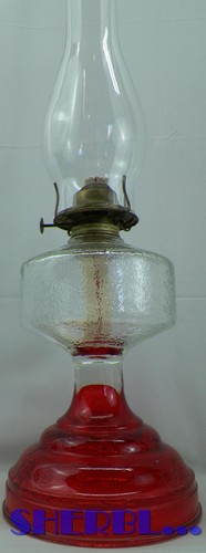 Vintage Red & Clear Glass Pedestal Oil Lamp Lantern with Wick 20" High Karosene