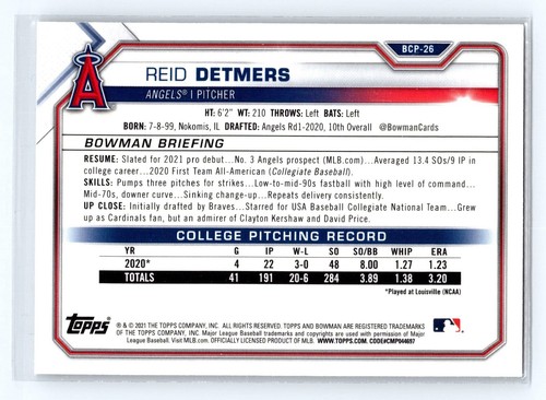 2021 Bowman Chrome Prospects Mojo Refractor #BCP-26 Reid Detmers Angels - Picture 2 of 2