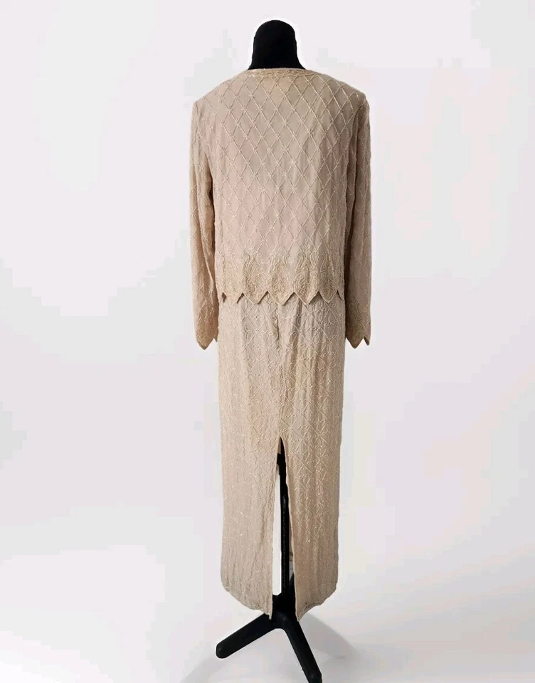 Adrianna Papell Ocasiones Crema Cuentas Seda Slip Vestido Vestido y Chaqueta Talla 10 Foto 3 de 4