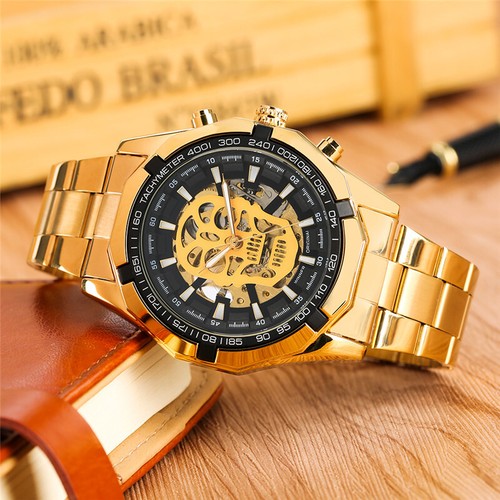 WINNER Men Automatic Mechanical Wrist Watch Stainless Steel Strap Skull Dial - Picture 7 of 14