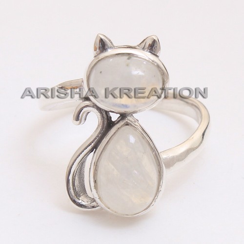 Rainbow Moonstone Gemstone Solid 925 Sterling Silver Cat Ring In Size 4 to 12 - Picture 3 of 10