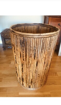 Vintage Round Handmade Bamboo Laundry Hamper Bin Storage basket rare Boho