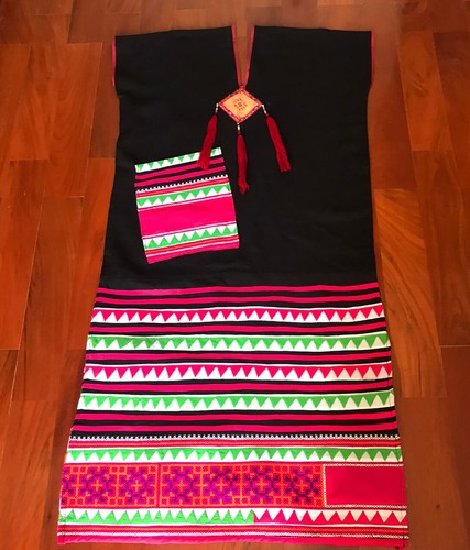 Women's Thai Hill Tribe Black Hemp Long Dress Multi-Color Hand Grip Karen Sz 46" - Picture 11 of 12
