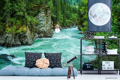 3D Blue River Forest Wallpaper Wall Mural Removable Self-adhesive 168 ...