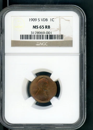 UNITED STATES 1909-S VDB LICOLN WHEAT SMALL CENT SLABBED NGC MS 65 RB