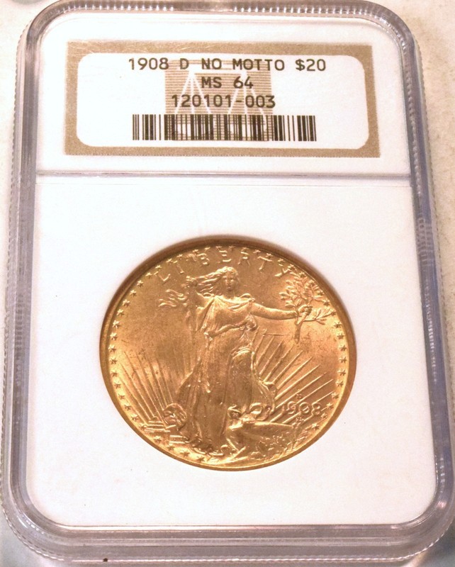 1908 D $20 NGC MS 64 Gold St. Gaudens Double Eagle, Better Date Twenty Saint