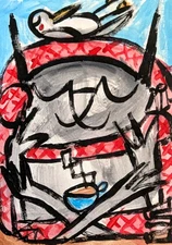 ACEO Bird Black Cat Painting Original Collectible Modern Art By Samantha McLean