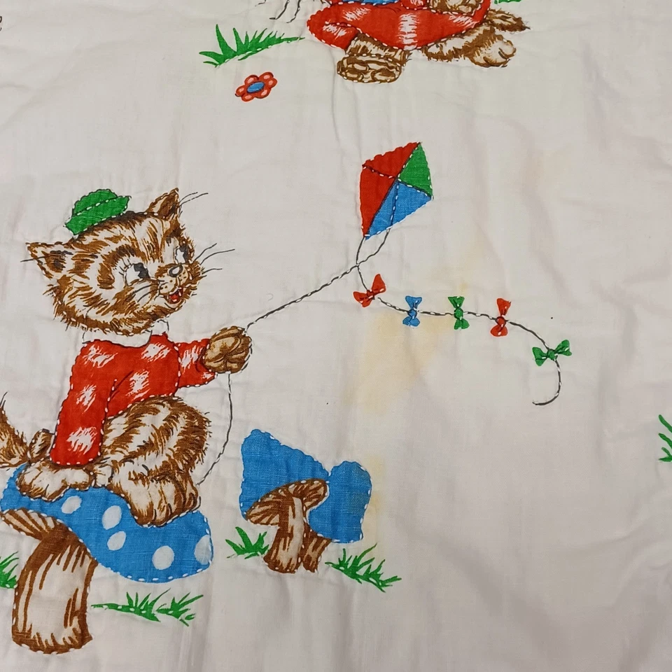 Manta de bebé vintage hecha a mano gato y payaso edredón malabares 42"x44" reversible Foto 2 de 4