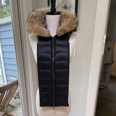 Veronica Beard Fur Hoodie Dickey Black Down Puffer Vest Fur Trim Hood Zip